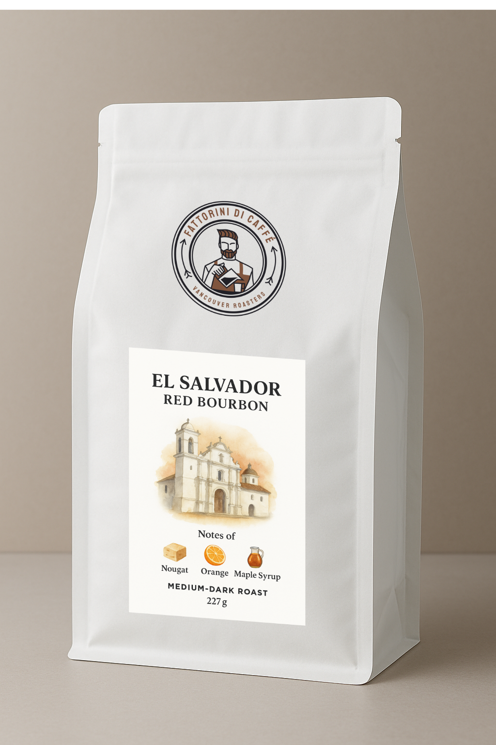 White coffee bag with 'El Salvador Red Bourbon' label on a beige background