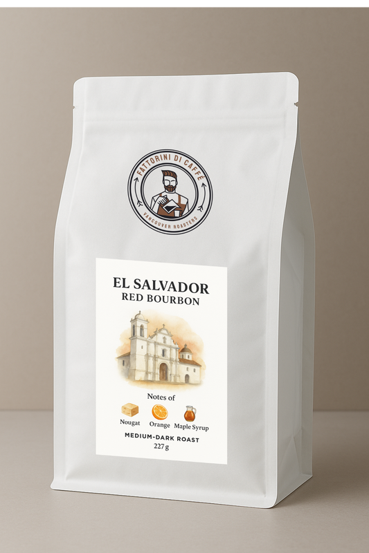 White coffee bag with 'El Salvador Red Bourbon' label on a beige background